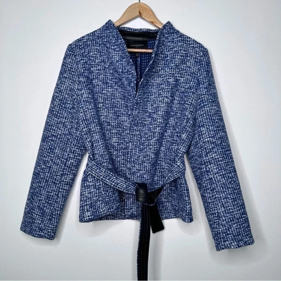 Banana Republic Blue Tweed Wool Blend Tie Belt Jacket Size 10 - Picture 1 of 10